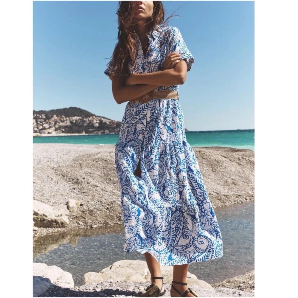 ZARA Eyelet Embroidered Floral Button Front Midi Dress Sz M Blue Tiered Lined